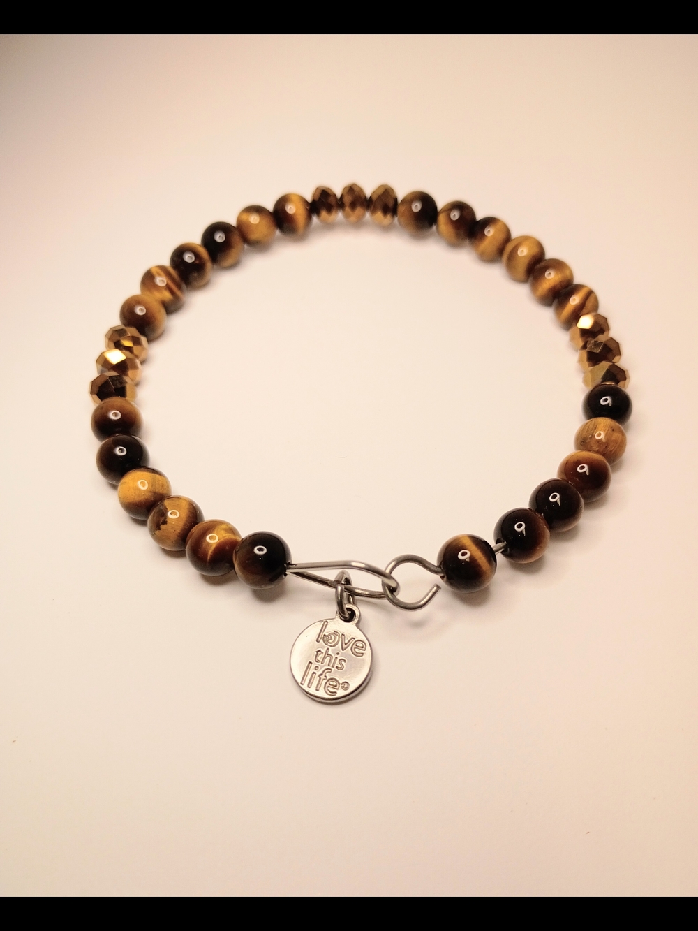 Beaded Tiger Eye Bracelet with 'Love This Life' Charm - Brown